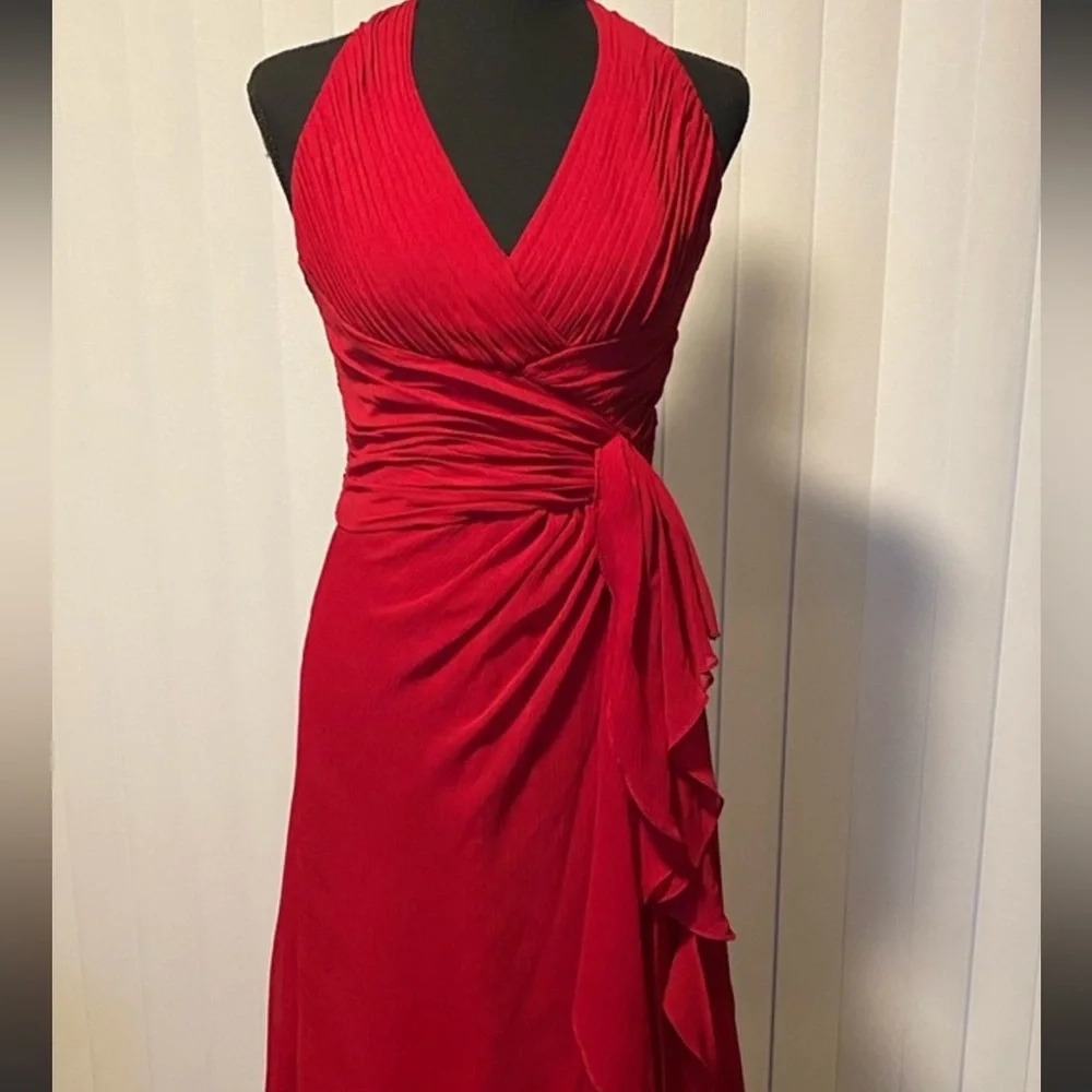 David’s Bridal V-Neck Black Halter Maxi dress with pleated and ruffle detail. - Picture 1 of 12